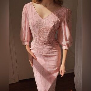 60s Pink Rhinestone Rose Silk Dress